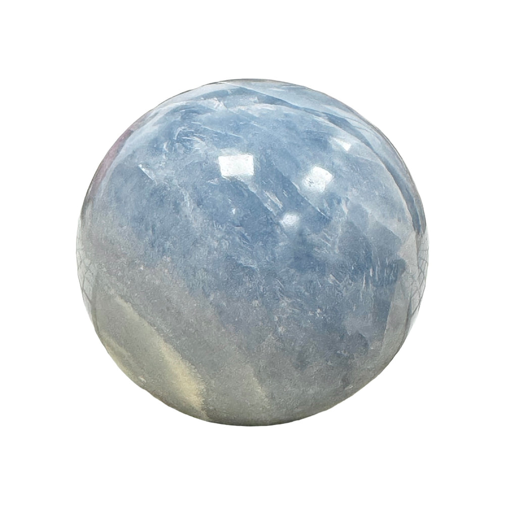 GeoFossils Blue Calcite Sphere 60mm – exact crystal shown, polished blue sphere for calm, communication, and emotional clarity.