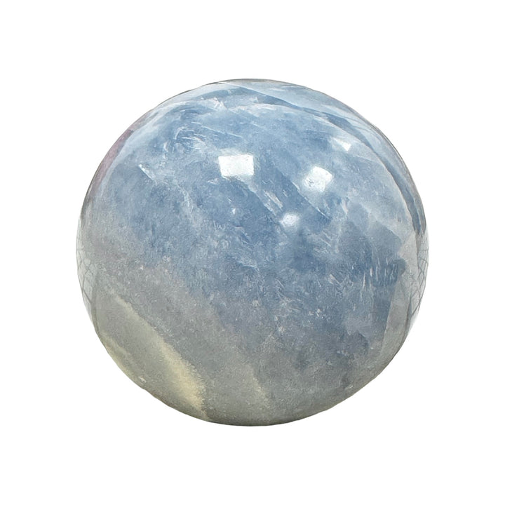 GeoFossils Blue Calcite Sphere 60mm – exact crystal shown, polished blue sphere for calm, communication, and emotional clarity.