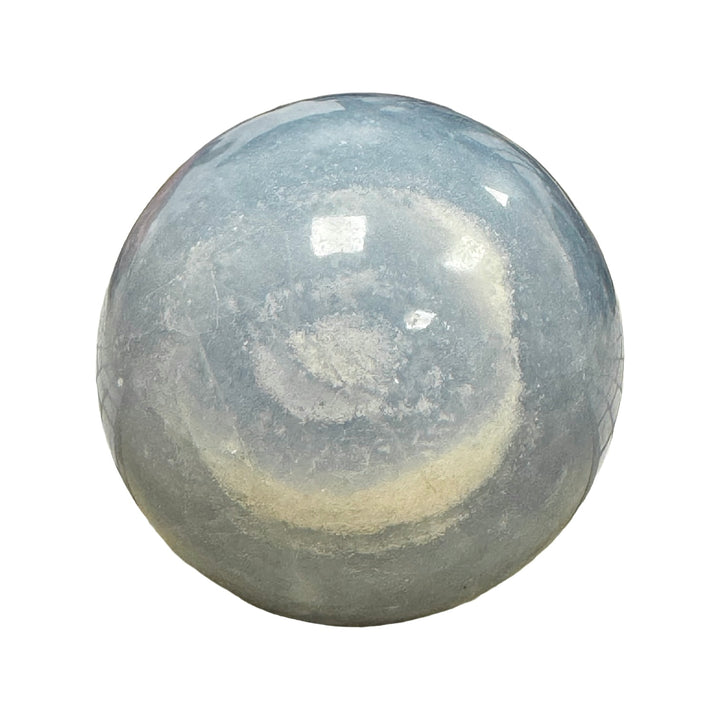 GeoFossils Blue Calcite Sphere 60mm – exact crystal shown, polished blue sphere for calm, communication, and emotional clarity.