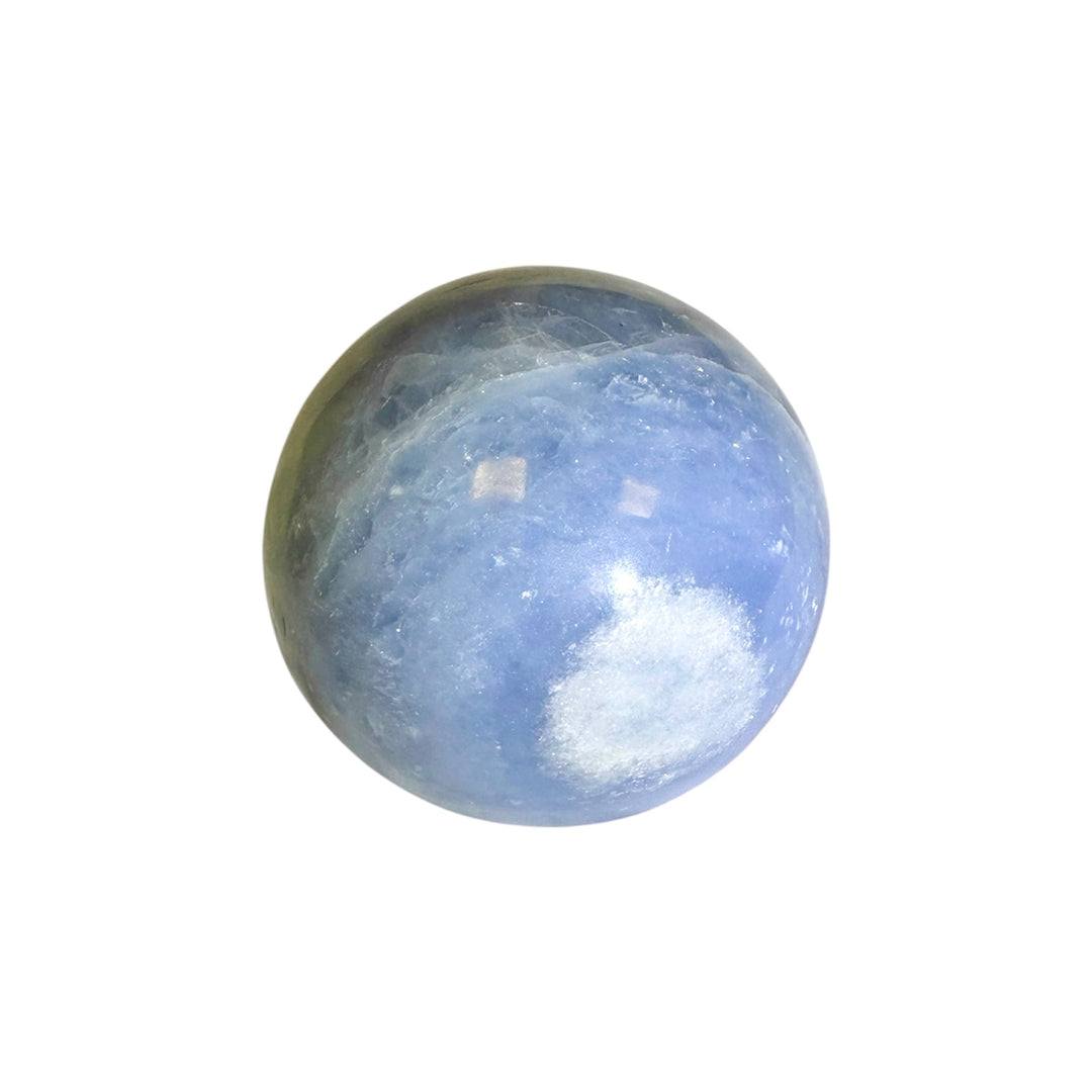 GeoFossils Blue Calcite Sphere 65mm – Madagascan crystal sphere for relaxation, communication, and clarity, polished sky-blue gemstone sphere made in the UK.