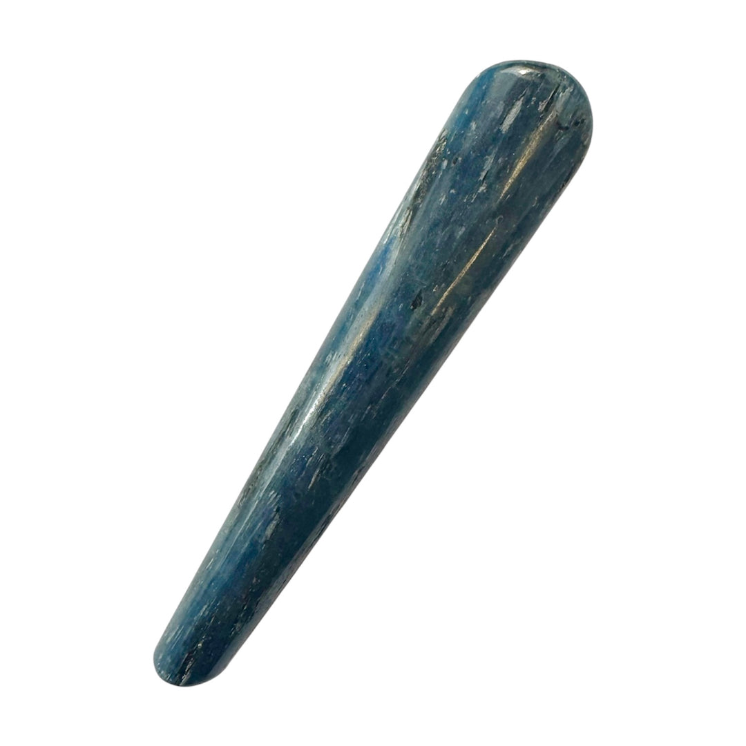 GeoFossils Smooth Kyanite Massage Wand – shimmering blue polished crystal wand for chakra alignment, calm communication and energy clearing.