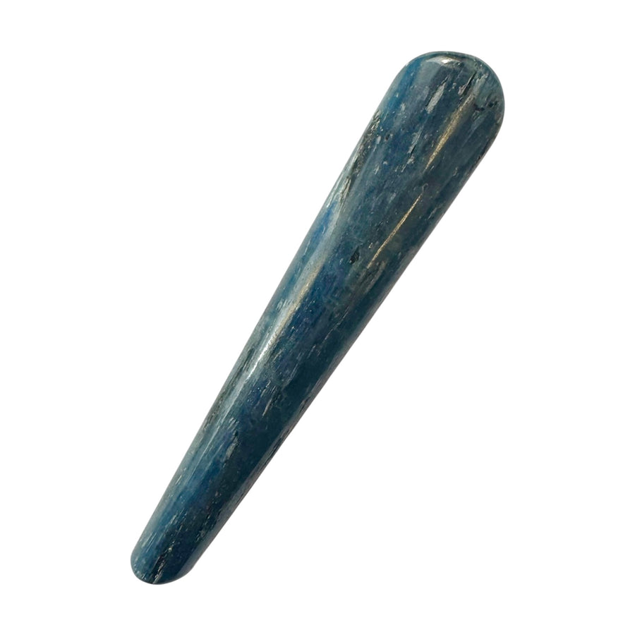 GeoFossils Smooth Kyanite Massage Wand – shimmering blue polished crystal wand for chakra alignment, calm communication and energy clearing.