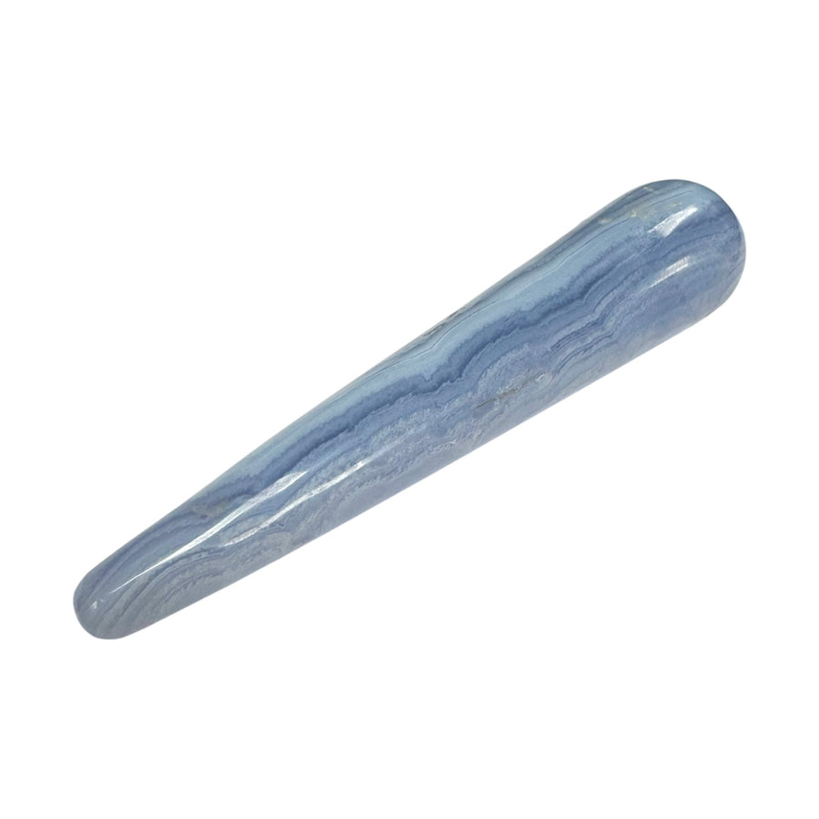 GeoFossils Smooth Blue Lace Agate Massage Wand – soft blue and white banded crystal wand for calm, communication and emotional healing
