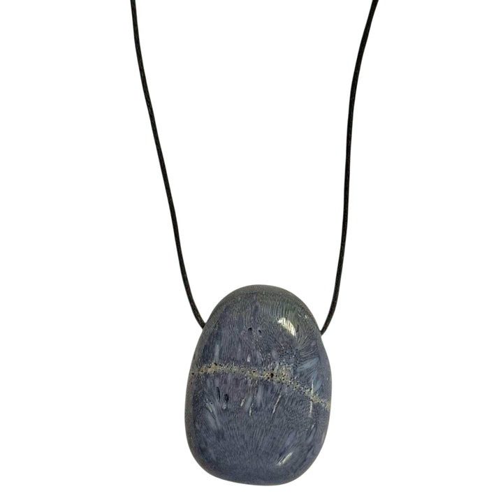Blue Coral drilled tumble stone pendant on a black cord – oceanic fossil crystal for calm, balance and emotional adaptability