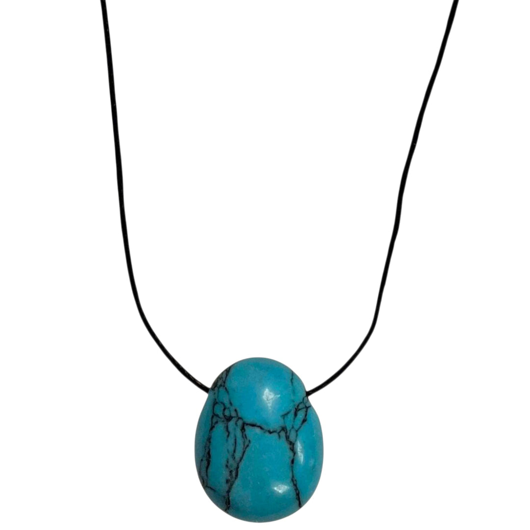 Blue Howlite drilled tumble stone pendant on a black cord – marbled blue crystal for calming communication and emotional clarity