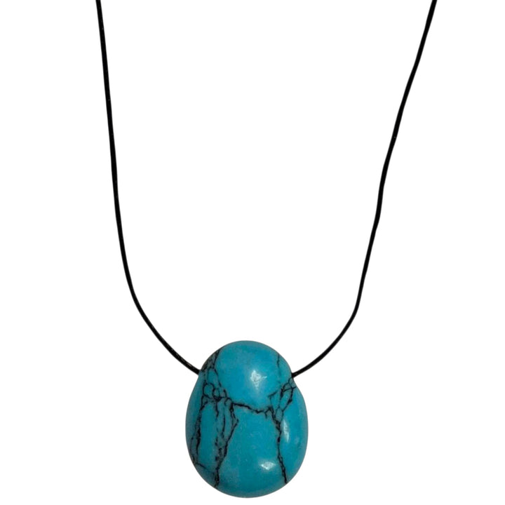 Blue Howlite drilled tumble stone pendant on a black cord – marbled blue crystal for calming communication and emotional clarity