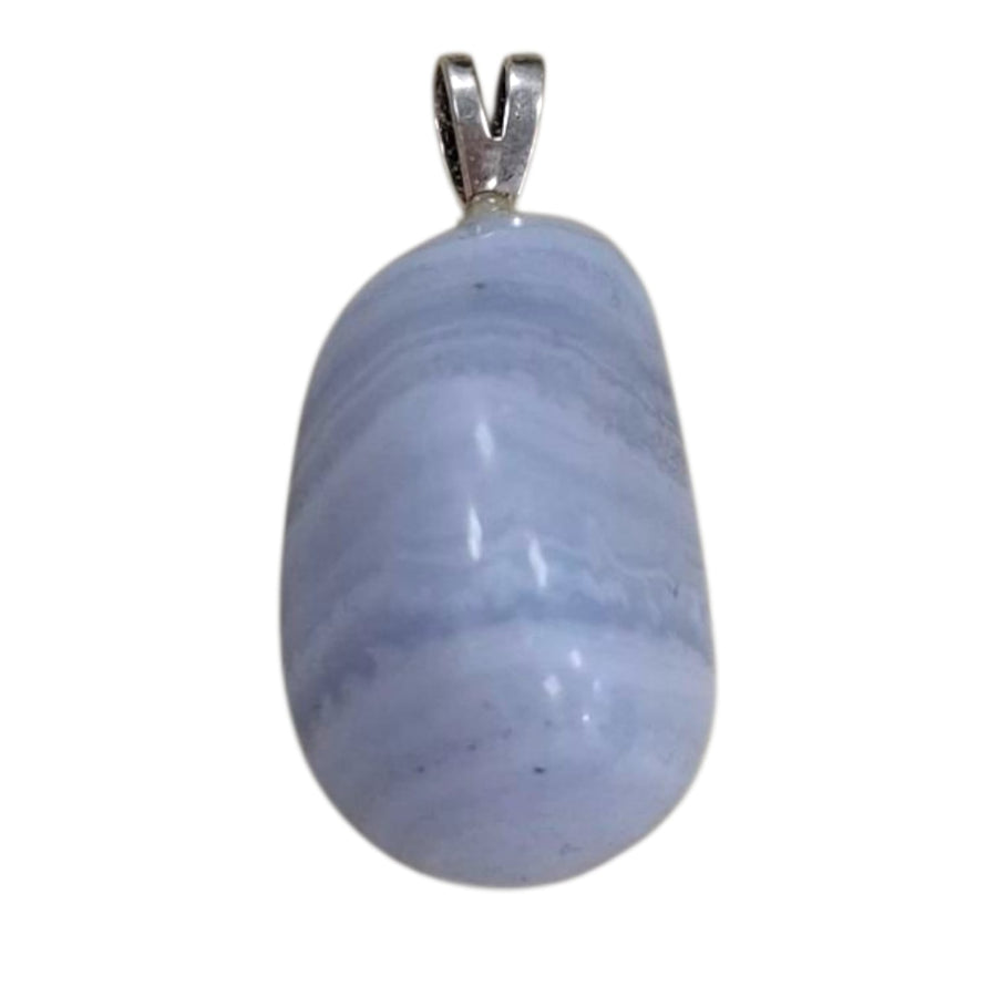 GeoFossils Blue Lace Agate Sterling Silver Pendant – Namibian banded pale blue chalcedony in sterling silver setting – communication, calmness, and clarity jewellery – handmade in the UK.