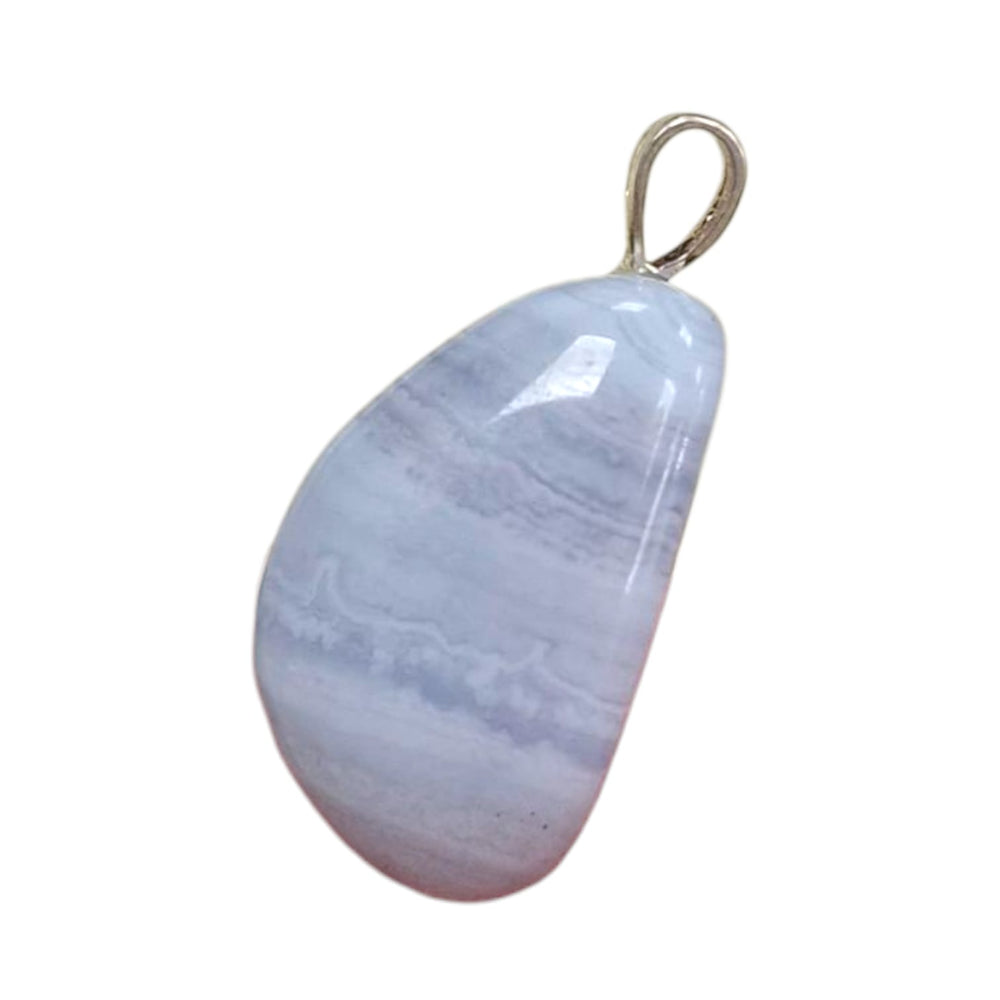 Blue Lace Agate pendant with sterling silver hallmarked setting – calming throat chakra crystal with optional chain, ideal for pairing with Selenite bowl