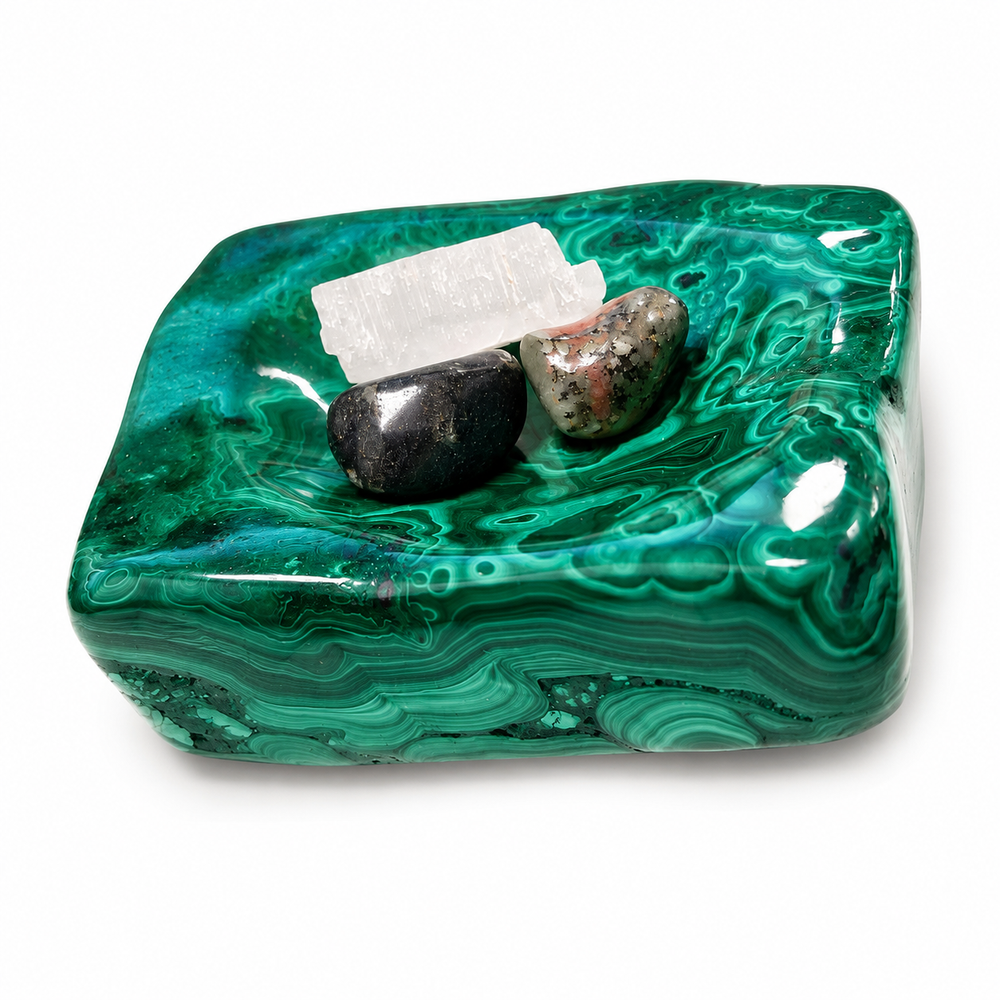 Polished Malachite crystal bowl ideal for charging crystals and holding jewellery