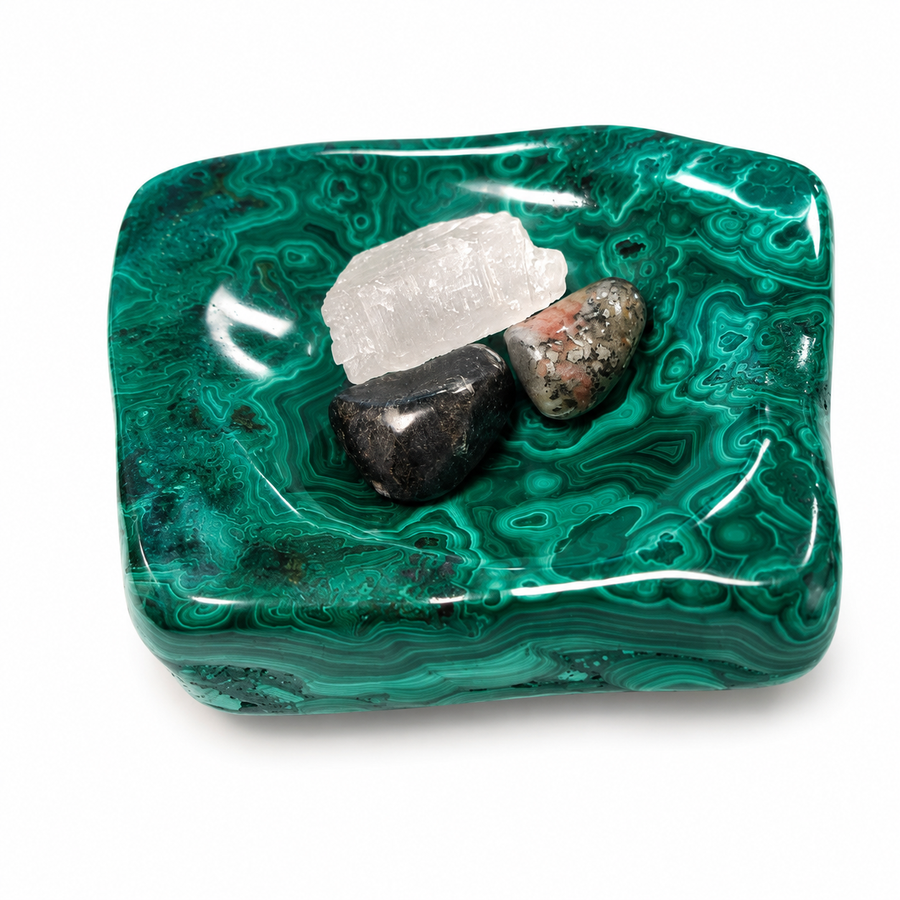 Natural Malachite bowl with vivid green banding and polished mineral formations