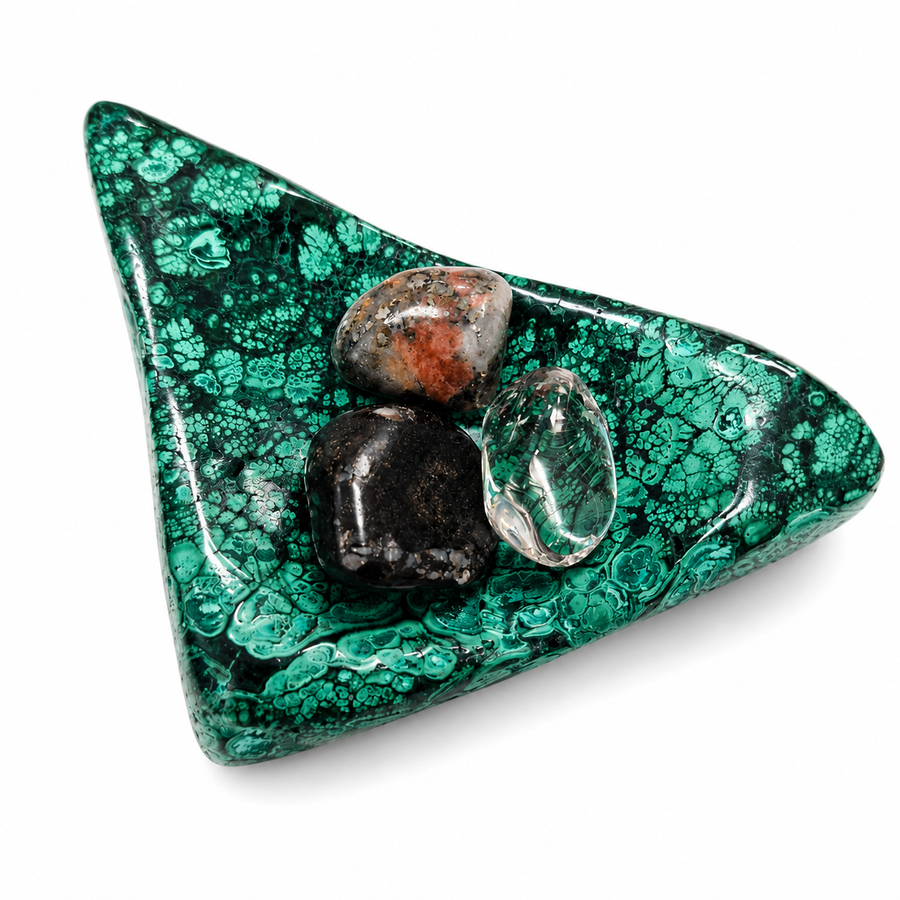 Freeform Malachite crystal bowl with vivid green orbicular mineral formations and polished finish