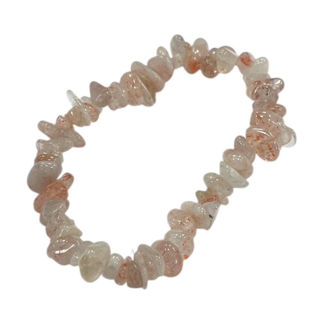 GeoFossils Oregon Sunstone gem chip bracelet featuring shimmering peach and champagne-toned chips, used for confidence, vitality, and personal power in crystal healing.