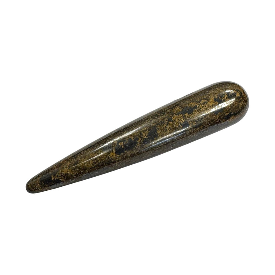 Polished Bronzite crystal massage wand displaying rich brown tones with metallic bronze flecks, smoothly rounded at both ends and shaped for grounding massage and protective energy work