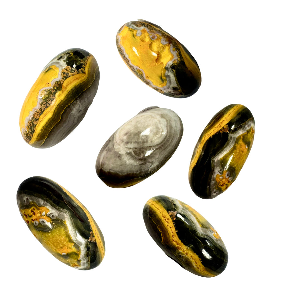 GeoFossils Bumblebee Jasper Shiva Lingham 25mm – intuitively picked, polished yellow and black crystal for vitality, creativity, and transformation.