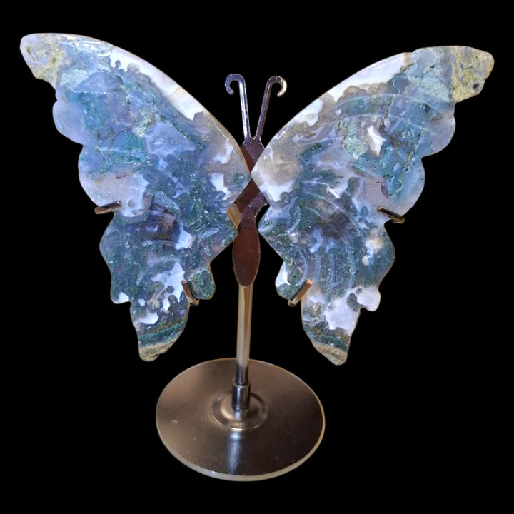 Green Moss Agate Butterfly Wings on Stand – One-Off Earthy Carving | Live Auction Exclusive