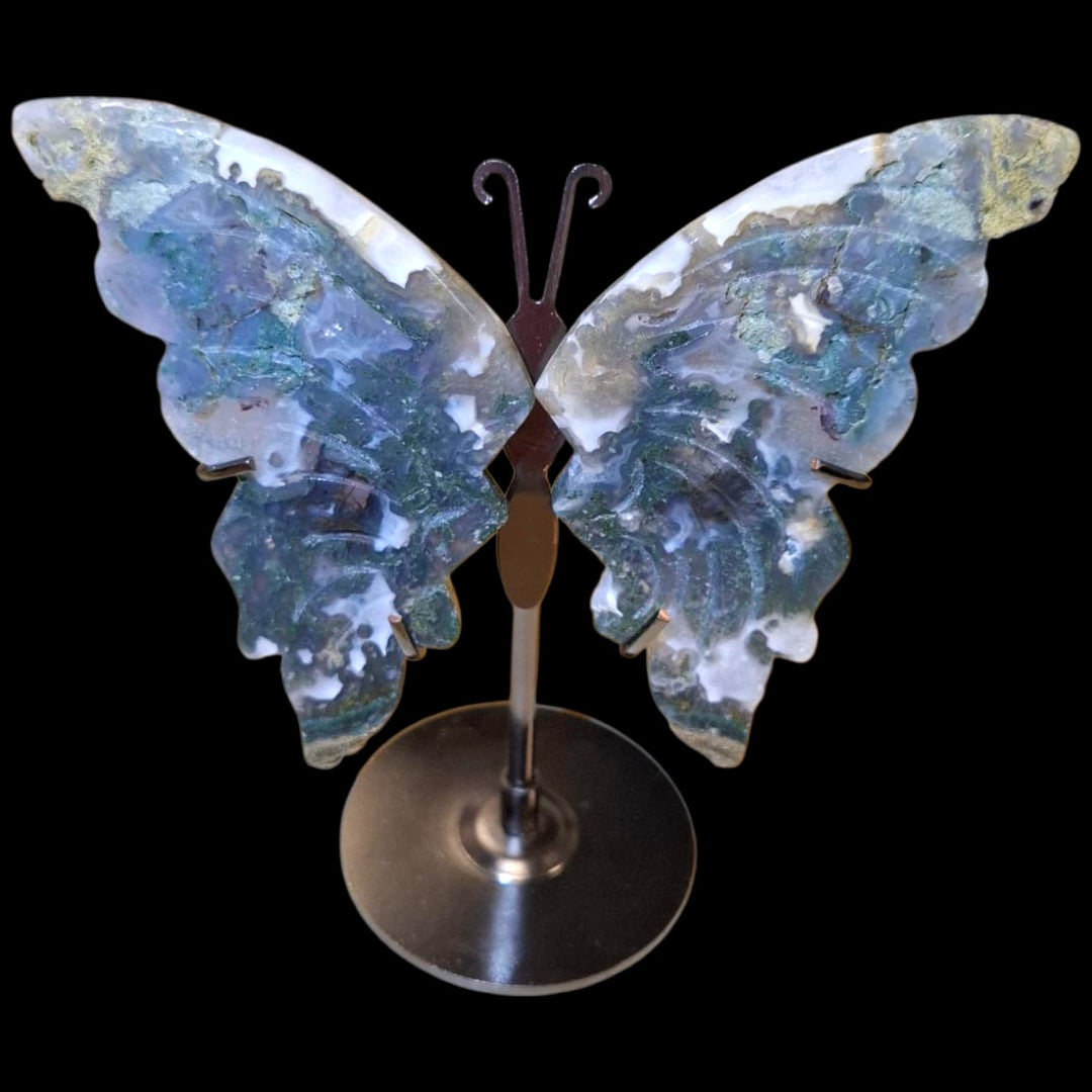 Green Moss Agate Butterfly Wings on Stand – One-Off Earthy Carving | Live Auction Exclusive