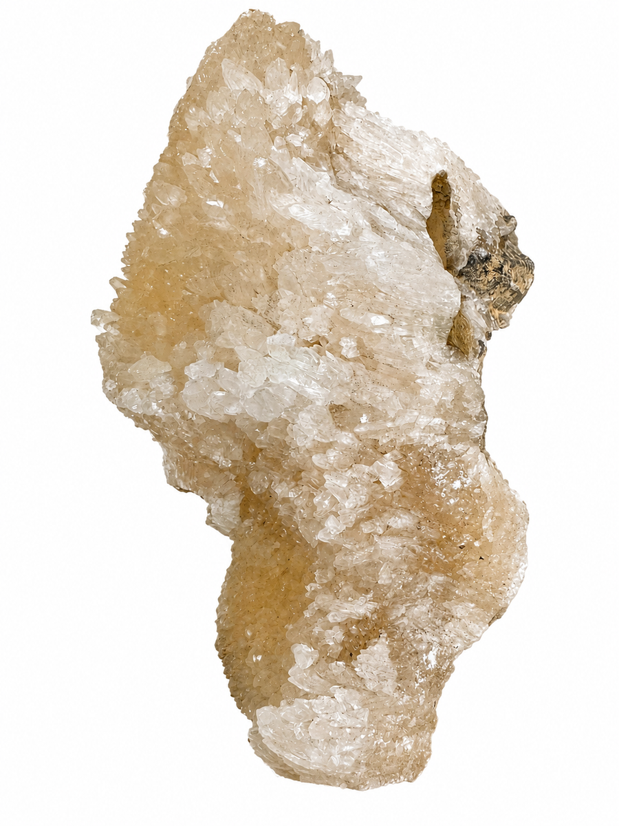 Front view of a fluorescent Calcite specimen from Winterberg Mine, Germany, showing natural crystal formation.