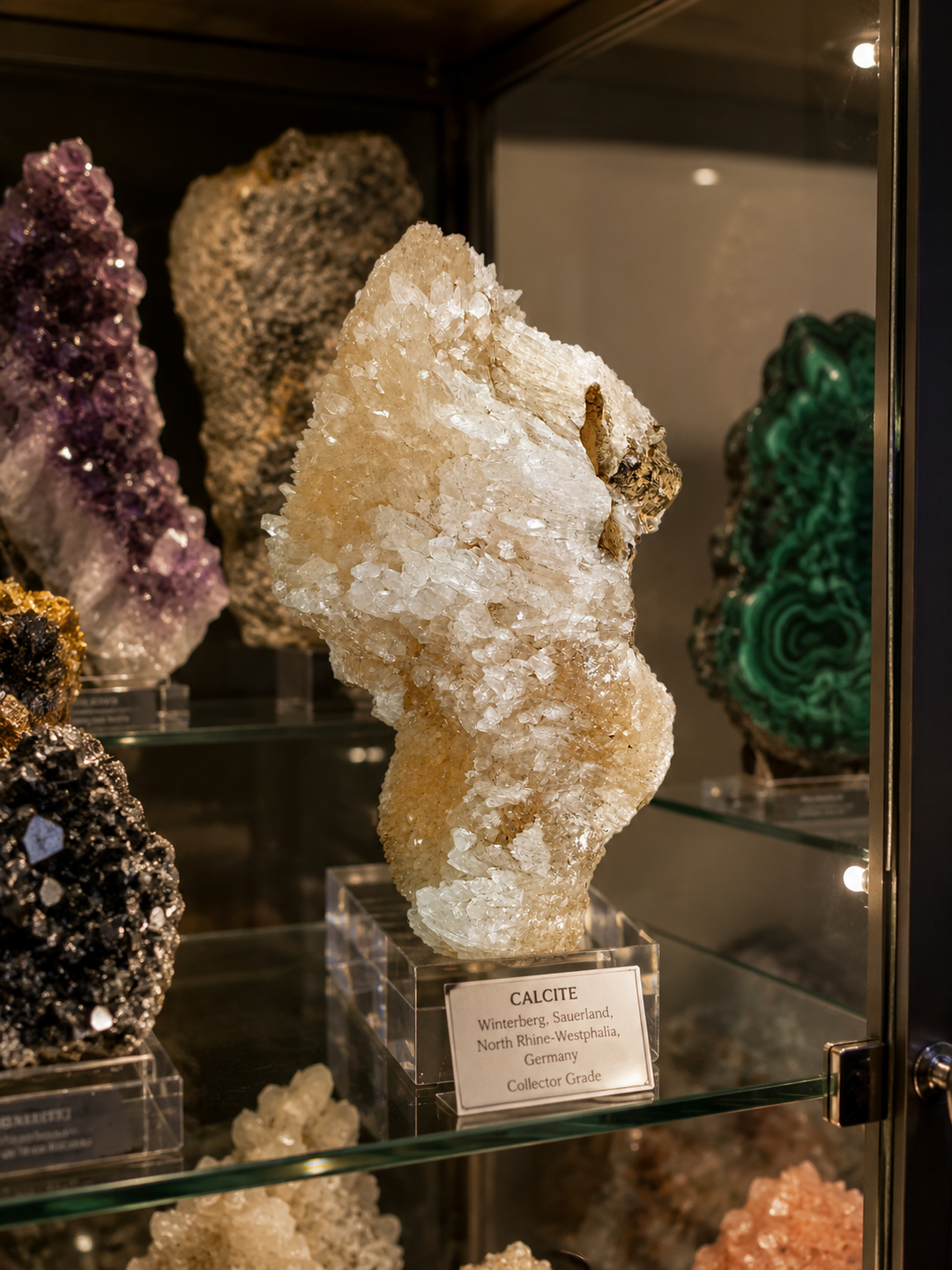 UV reactive Calcite specimen from the closed Winterberg Mine displayed in a collector's mineral cabinet alongside other mineral specimens.