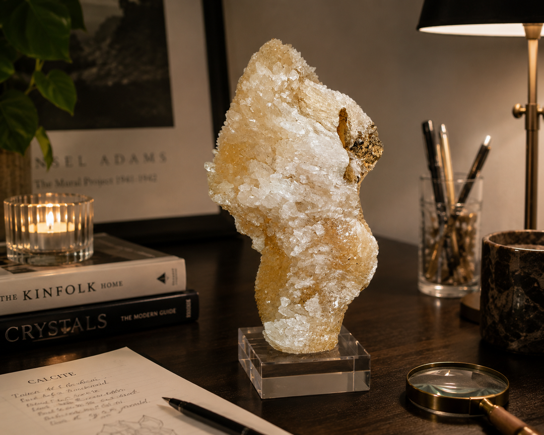 Collector-grade UV reactive Calcite from the closed Winterberg Mine, Germany, displayed on a contemporary desk, showcasing its natural crystal formation as a decorative mineral specimen.