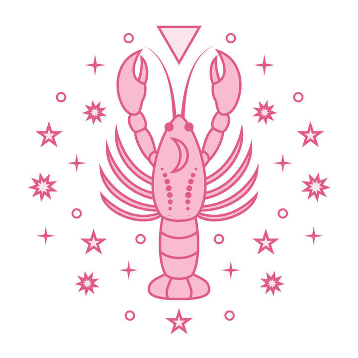 Pink lobster illustration for Cancer Zodiac on a white background with pink stars and dots