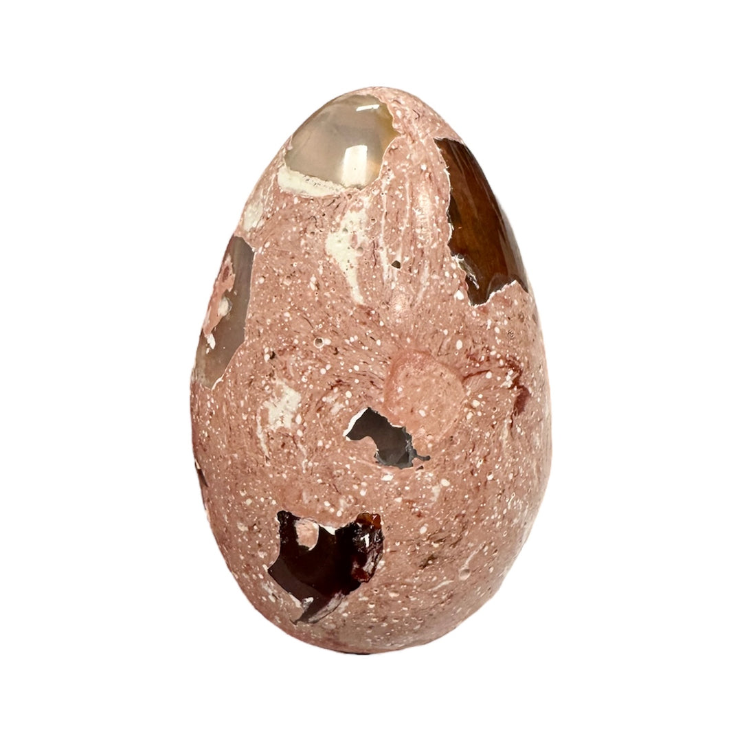 GeoFossils Cantera Opal Egg – exact crystal shown, polished opal in rhyolite matrix egg from Querétaro, Mexico for grounding, passion, and creativity.