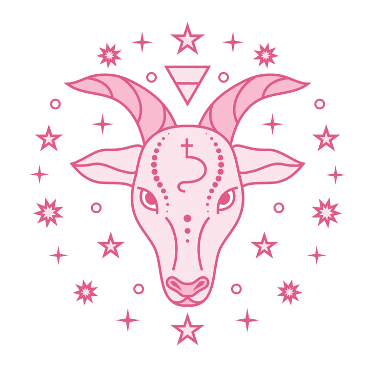 Pink goat head illustration with star patterns on a white background