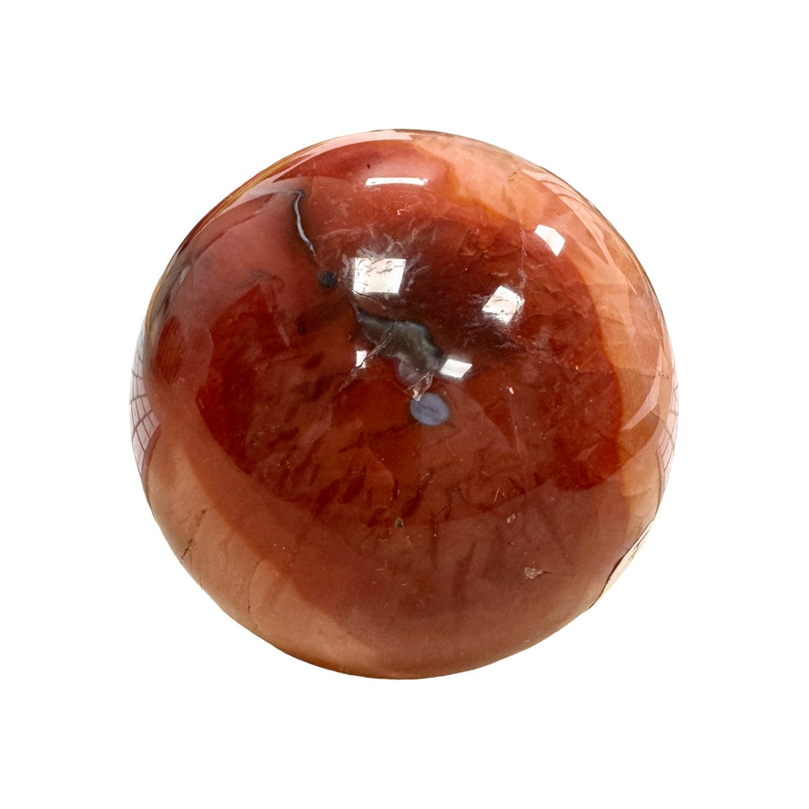 GeoFossils Carnelian Sphere 70mm – exact crystal shown, polished orange-red chalcedony sphere for vitality, creativity, and courage.