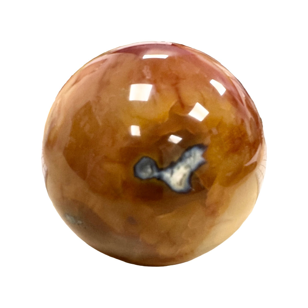 GeoFossils Carnelian Sphere 70mm – exact crystal shown, polished orange-red chalcedony sphere for vitality, creativity, and courage.