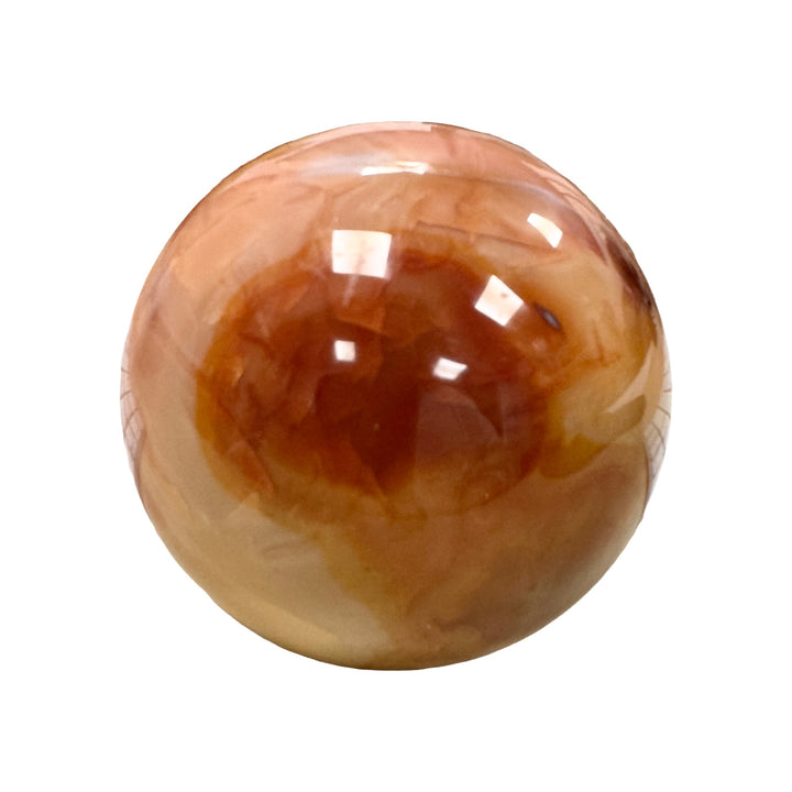 GeoFossils Carnelian Sphere 70mm – exact crystal shown, polished orange-red chalcedony sphere for vitality, creativity, and courage.