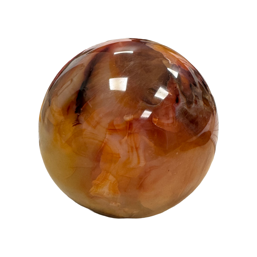 GeoFossils Carnelian Sphere 80mm – exact crystal shown, polished orange-red chalcedony sphere for vitality, courage, and creativity