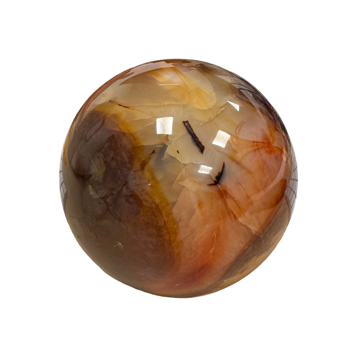 GeoFossils Carnelian Sphere 80mm – exact crystal shown, polished orange-red chalcedony sphere for vitality, courage, and creativity