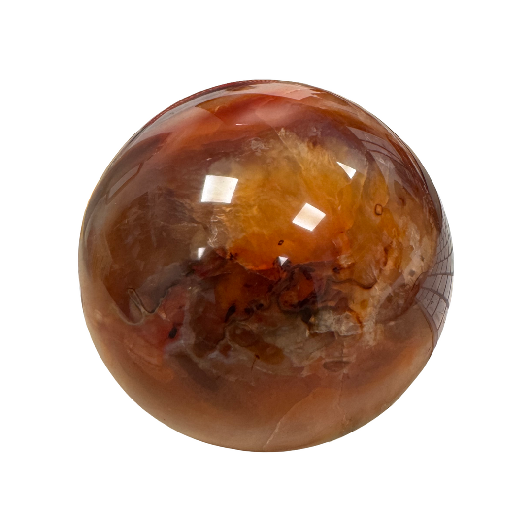 GeoFossils Carnelian Sphere 80mm – exact crystal shown, polished orange-red chalcedony sphere for vitality, courage, and creativity