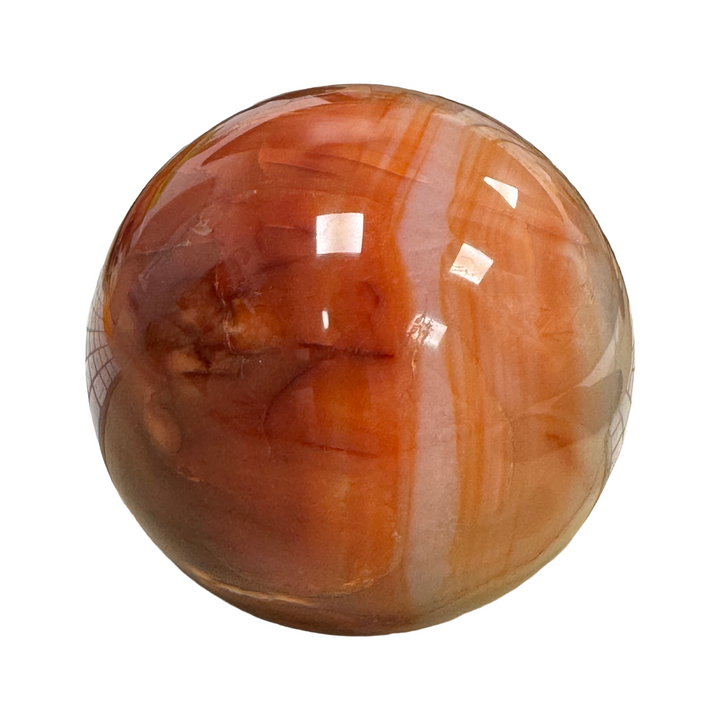 GeoFossils Carnelian Sphere 75mm – exact crystal shown, polished orange-red chalcedony sphere for vitality, motivation, and creativity.