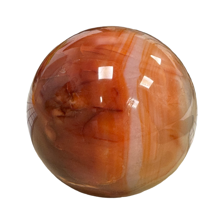 GeoFossils Carnelian Sphere 75mm – exact crystal shown, polished orange-red chalcedony sphere for vitality, motivation, and creativity.