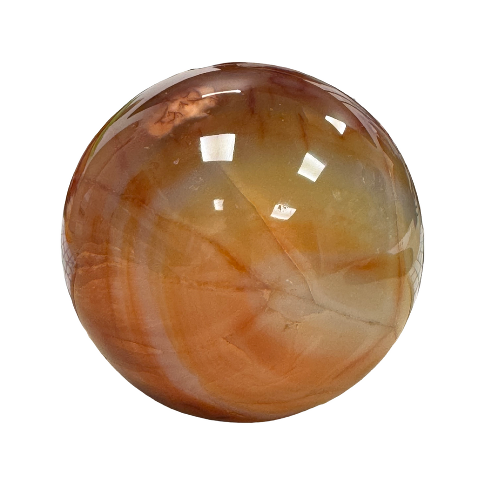 GeoFossils Carnelian Sphere 75mm – exact crystal shown, polished orange-red chalcedony sphere for vitality, motivation, and creativity.
