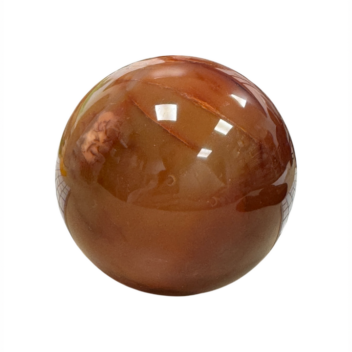 GeoFossils Carnelian Sphere 75mm – exact crystal shown, polished orange-red chalcedony sphere for vitality, motivation, and creativity.