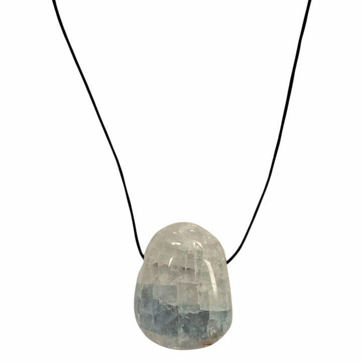Celestite drilled tumble stone pendant on a black cord – pale blue crystal for peace, angelic connection and spiritual clarity