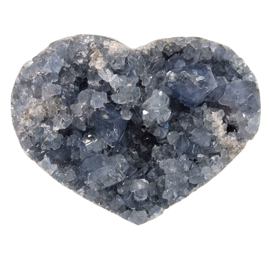 Flat celestite heart with sparkling clusters, 1.02kg, perfect for altars and sacred spaces, promoting calm, clarity, and spiritual alignment.