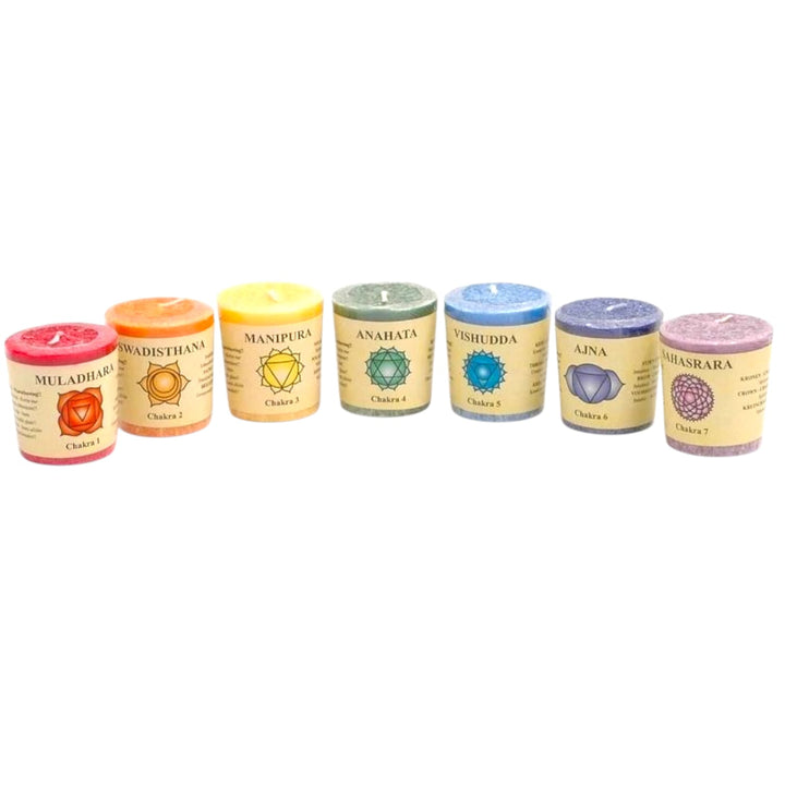 Set of seven chakra candles in different colours and scents for spiritual balance, meditation, and energy healing