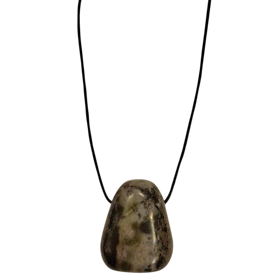 Chalcopyrite drilled tumble stone pendant on a black cord – metallic rainbow crystal for insight, energy clearing and spiritual abundance