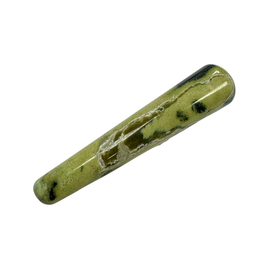 Polished Cheetah Jade massage wand with mottled green and black patterns, ideal for grounding and vitality work