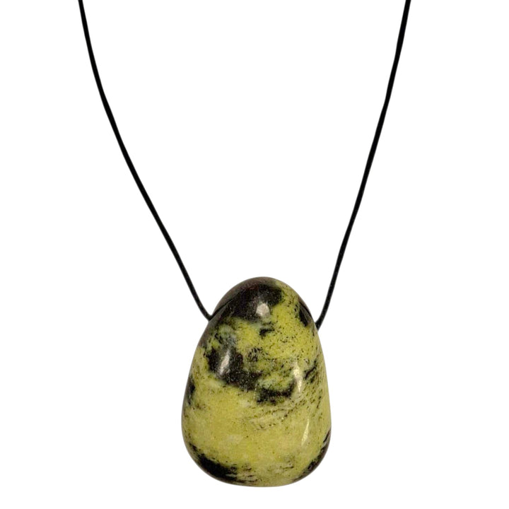 Cheetah Jade drilled tumble stone pendant on a black cord – earthy spotted crystal for courage, vitality and emotional balance