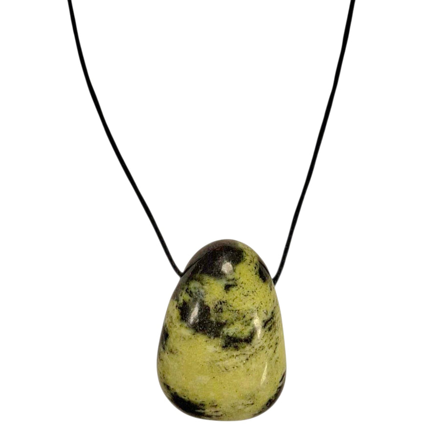 Cheetah Jade drilled tumble stone pendant on a black cord – earthy spotted crystal for courage, vitality and emotional balance