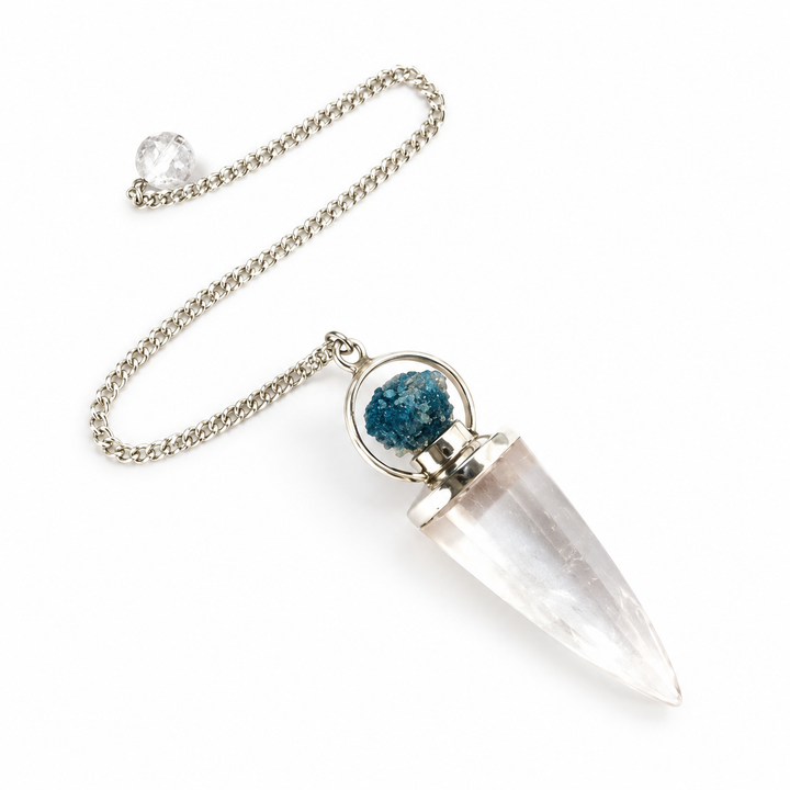 GeoFossils Cavansite and Clear Quartz cone pendulum with a blue Cavansite cluster, silver-coloured chain and clear holding bead on a white background.