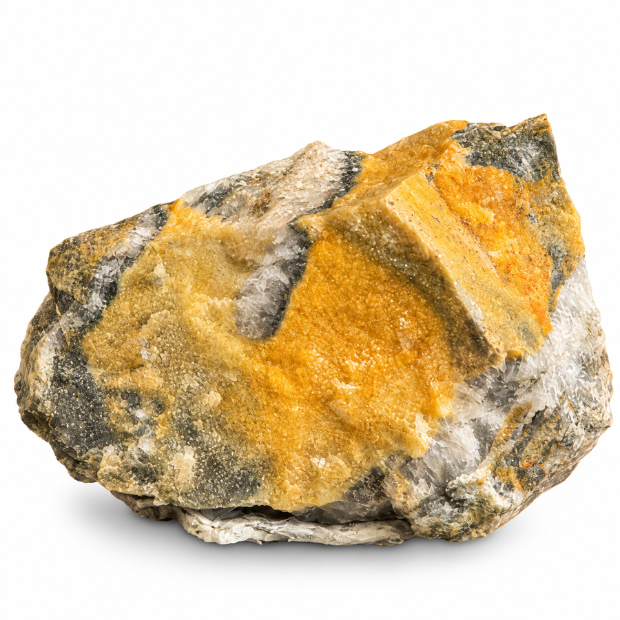 Coloradoite mineral specimen from Bassie G Mine, Colorado, USA, featuring golden-yellow mineralisation across a rough grey and white matrix.