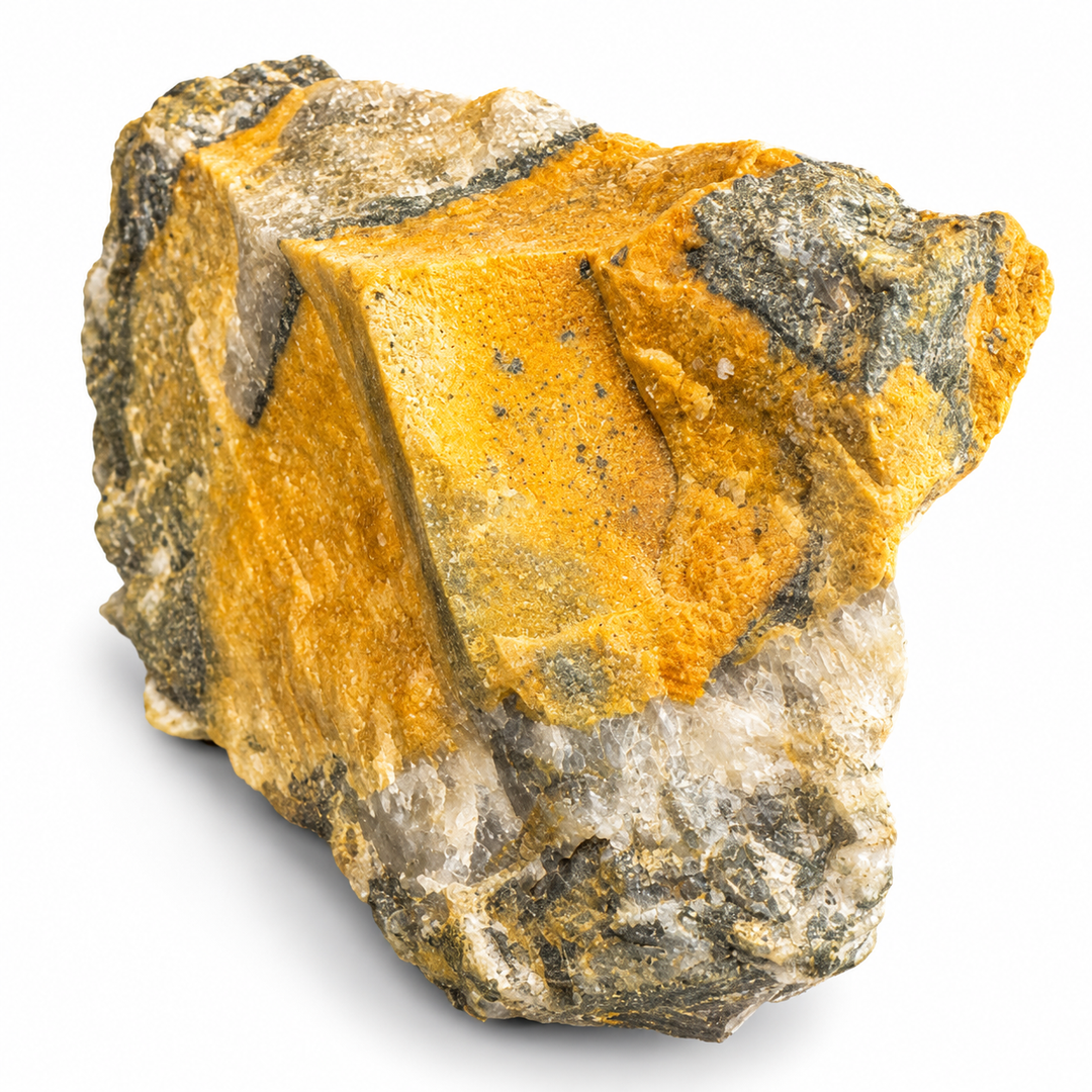 Coloradoite mineral specimen from Bassie G Mine, Colorado, USA, featuring golden-yellow mineralisation across a rough grey and white matrix.