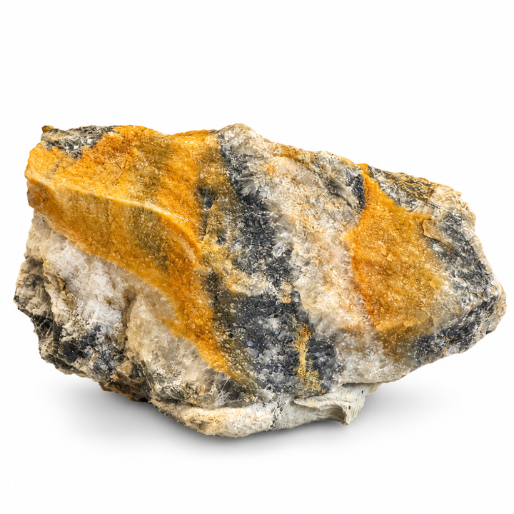 Natural Coloradoite specimen from La Plata County, Colorado, showing irregular rocky surfaces, yellow-orange mineralisation and layered matrix textures.