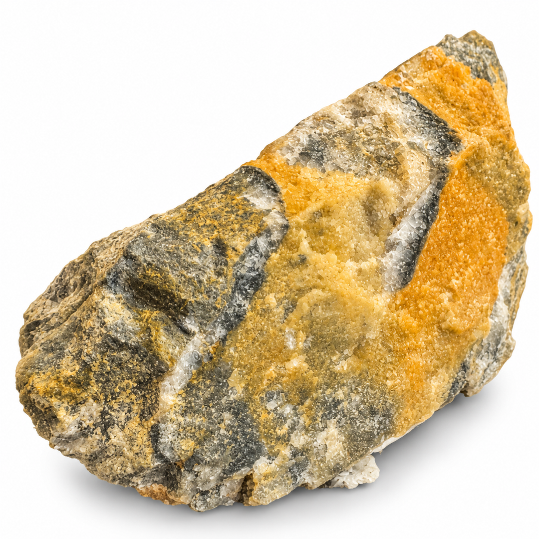 Rear of Coloradoite specimen from Bassie G Mine, featuring rugged grey host rock with scattered golden-yellow mineral deposits.