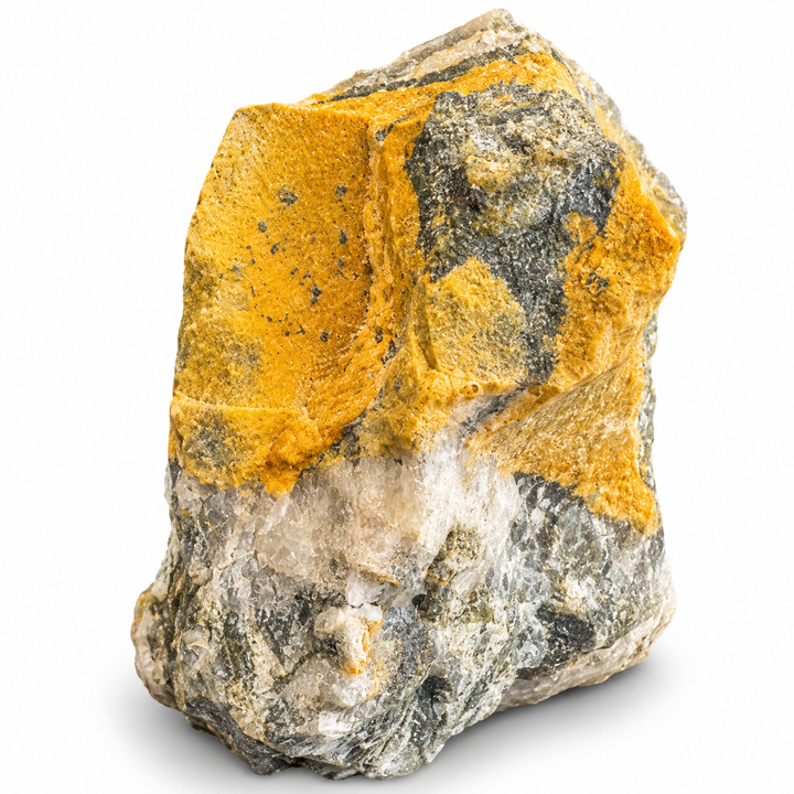 Coloradoite mineral specimen displaying an angular formation with yellow mineral coatings, grey matrix and naturally fractured surfaces.