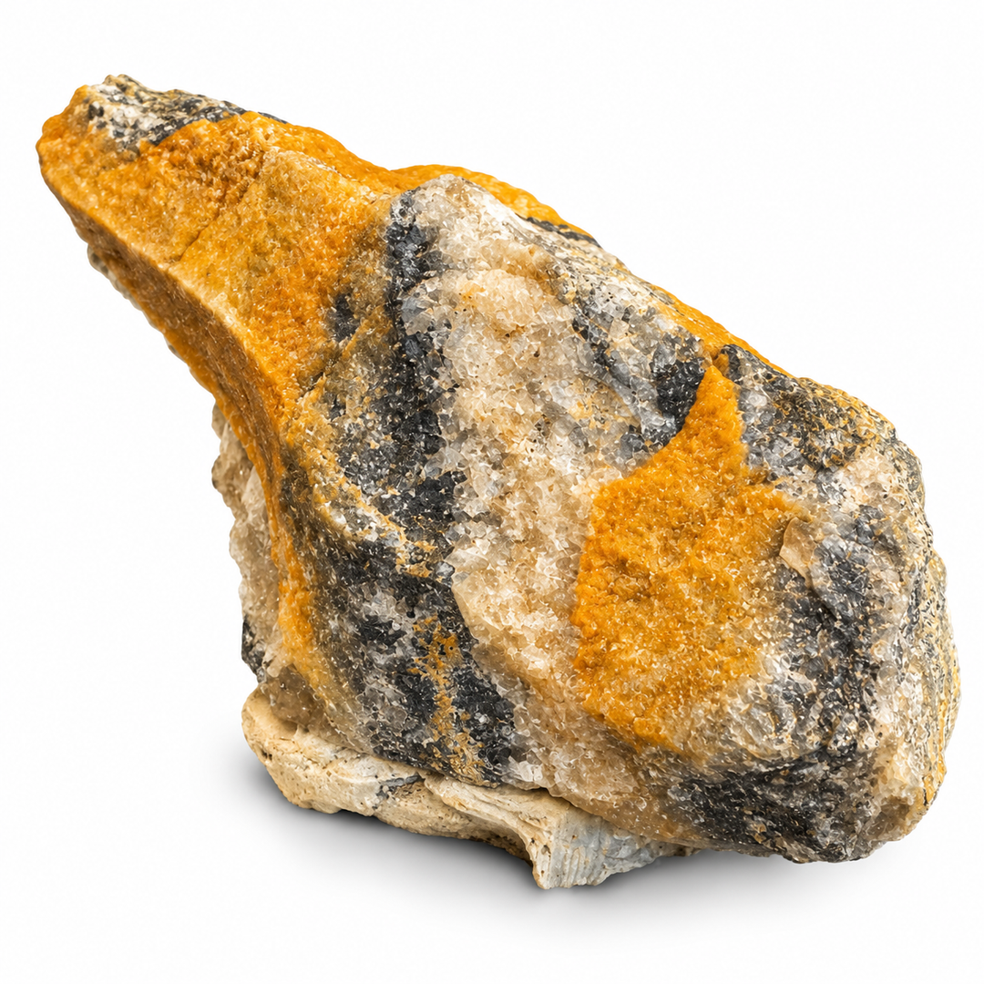Close-up of Coloradoite from Colorado, USA, highlighting golden-yellow surface textures, dark mineral patches and crystalline matrix.